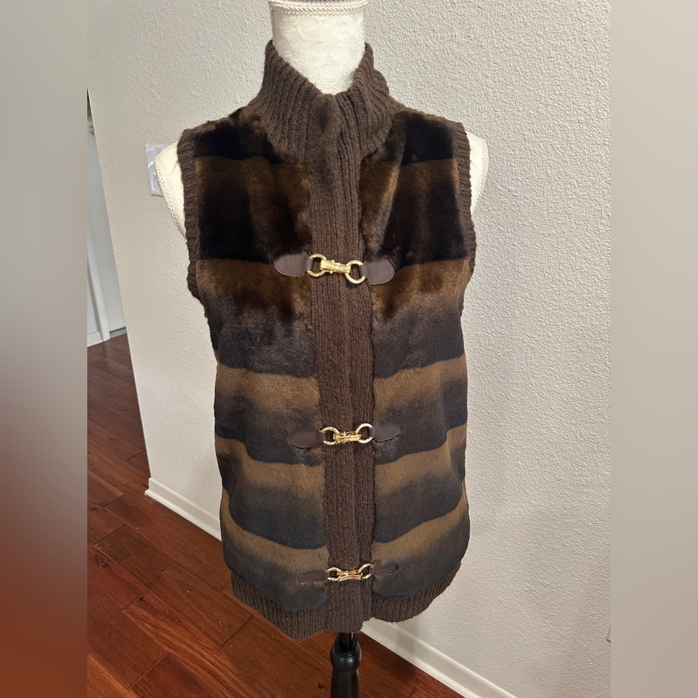 Michael Kors Chocolate Knit & Fur Sweater Vest